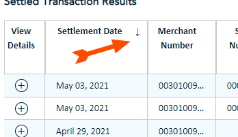 The sort descending arrow appears in the header of the report results